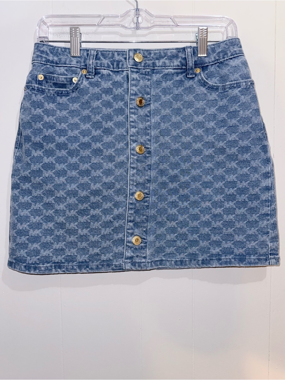 Michael Kors Monogram Logo Print Denim Button-Front Mini Skirt Size 4